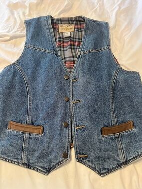 Wrangler Blue Denim Vest with Brown Trim and Plaid Lining